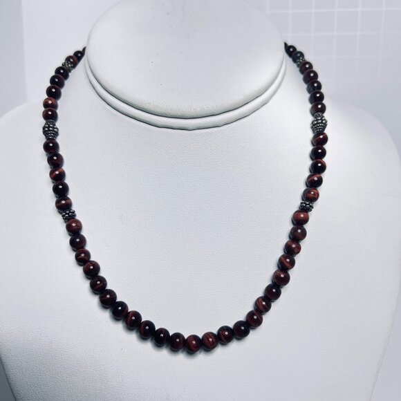 Sterling Silver & Brown Cats Eye Beaded Necklace 17" W/ Matching Bracelet (5921) - Picture 2 of 10